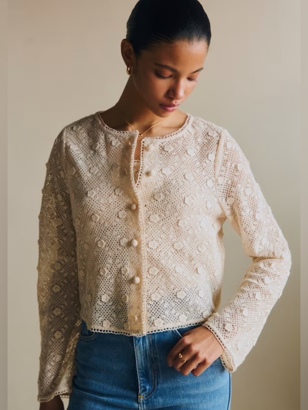 Sezane Nora guipure crochet lace button front shirt - Picture 1 of 8